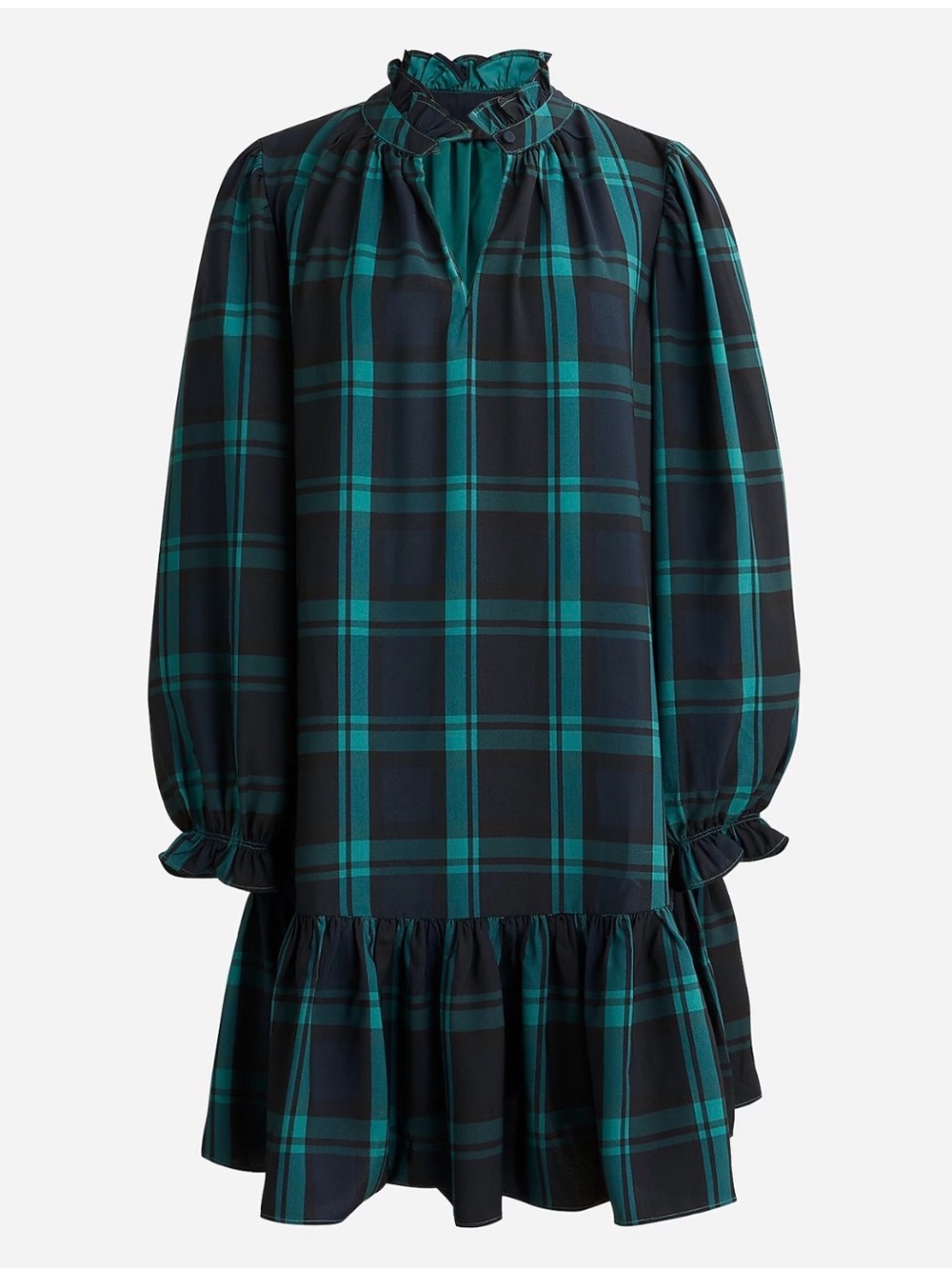 NWT J. Crew Plaid Ruffle-Hem Dress in Navy & Teal